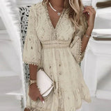 Women's Linen Blend V-Neck Lace Mini Dress