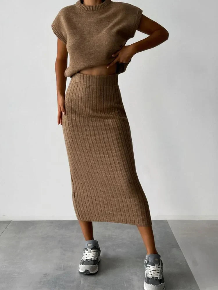 Women Knit Midi Skirt and Short Sleeve Top Two- Piece Set