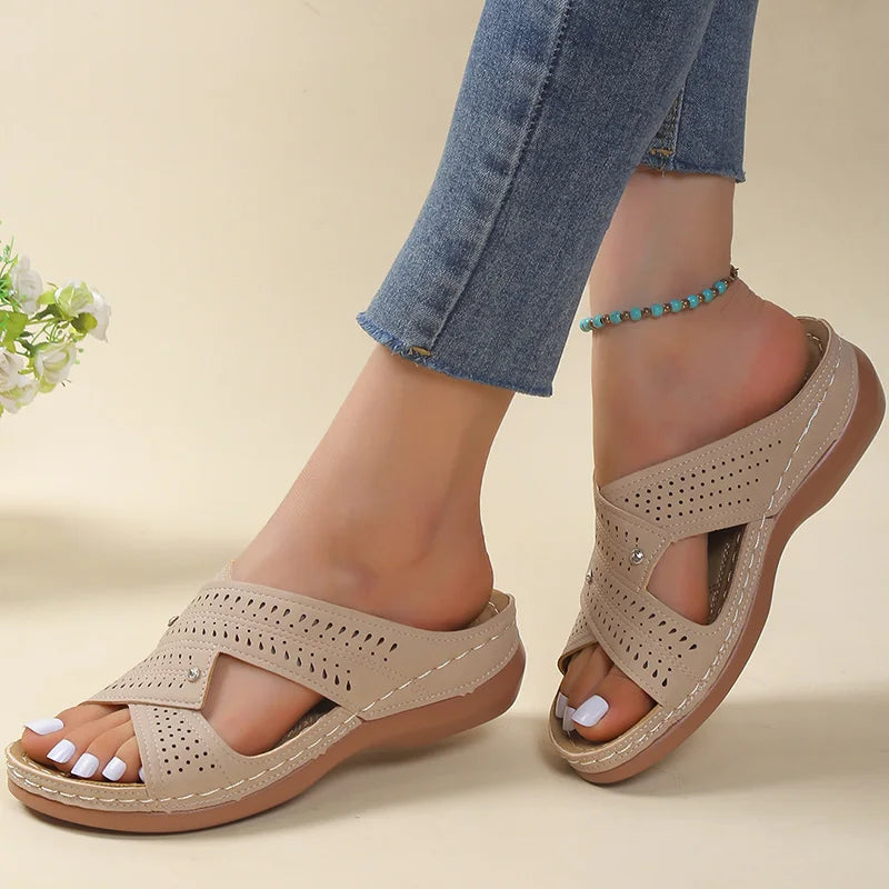 Women's Leather Perforated Crisscross Strap Sandals