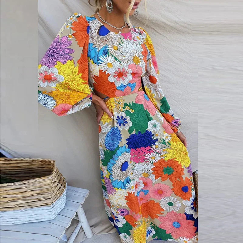 Women Linen Floral A-Line Long Sleeve Maxi Dress