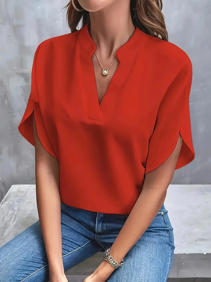 V-Neck Chiffon Women's Blouse with Short Petal Sleeves