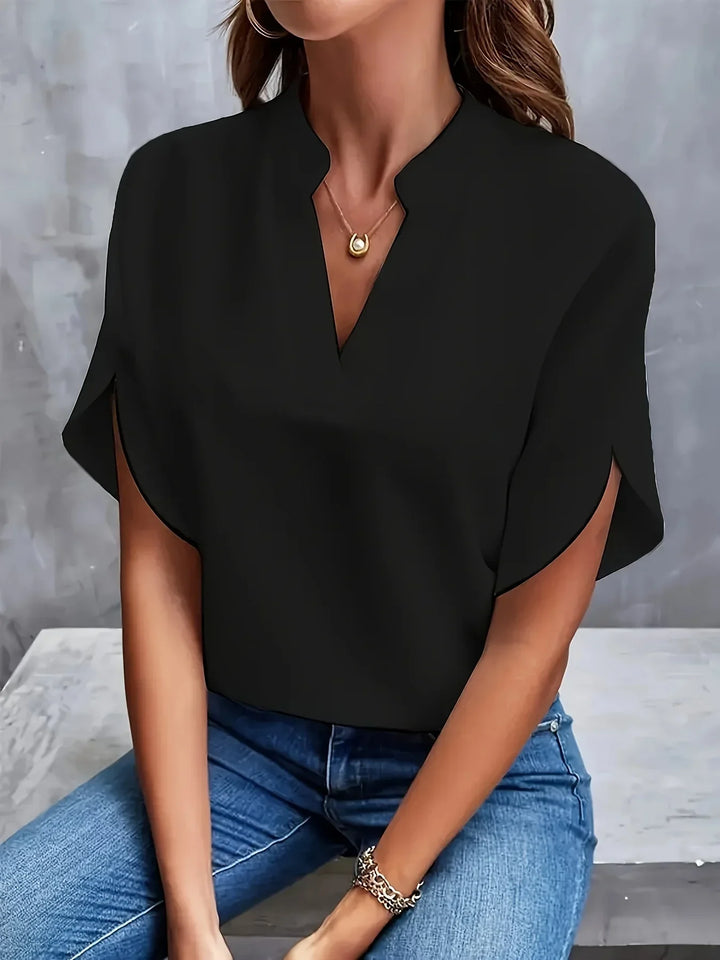 V-Neck Chiffon Women's Blouse with Short Petal Sleeves
