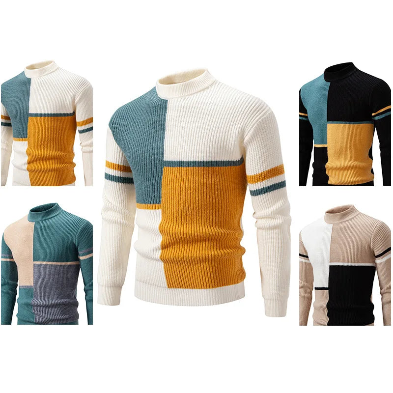 Men's Knit Jumper Wool Mix Mock Neck Pullover Sweater