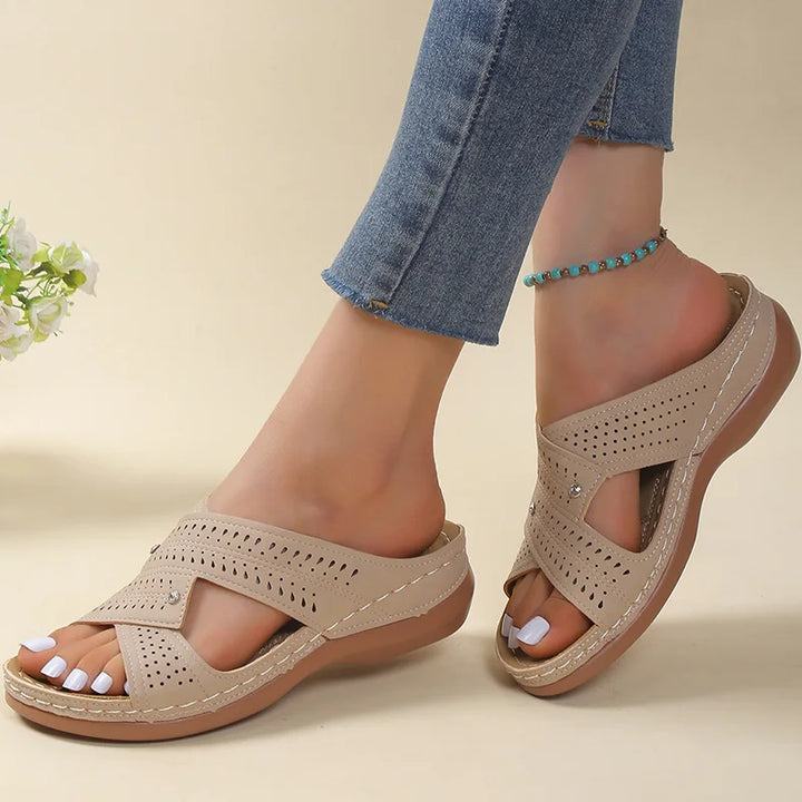 Women's Leather Perforated Crisscross Strap Sandals