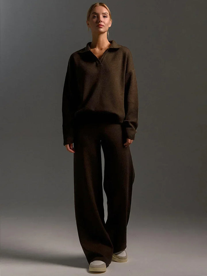Women's Knit Collar Sweatshirt & Wide Leg Pants Two Piece Set