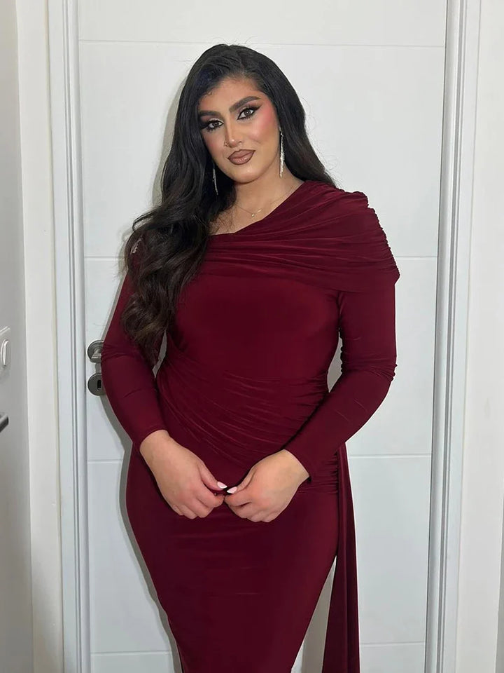 Women Knit Blend Off Shoulder Ruched Asymmetric Evening Maxi Dress