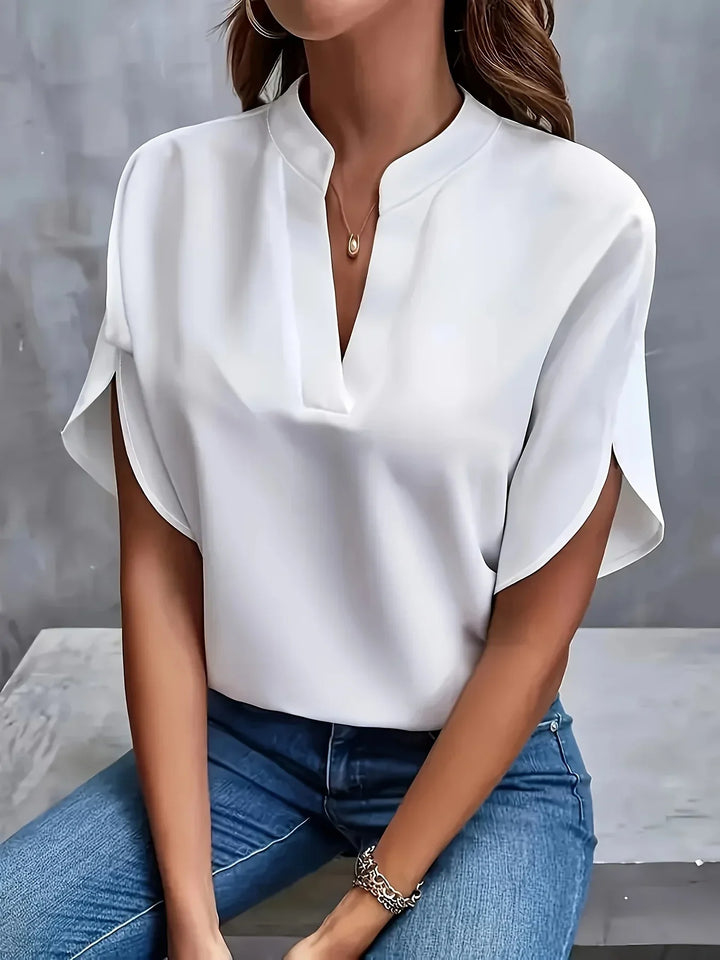 V-Neck Chiffon Women's Blouse with Short Petal Sleeves