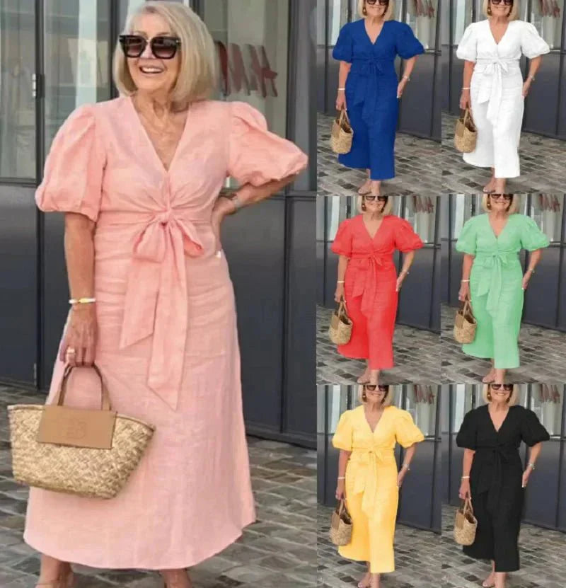 Women's Linen Wrap Midi Dress Short Puff Sleeve V Neck Tie
