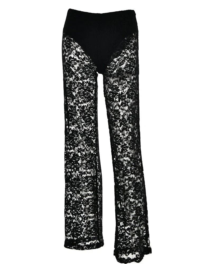 Women's Sheer Mesh Wide Leg Pants Relaxed Fit Trousers