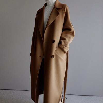 Women Wool Overcoat Long Trench Coat With Belt