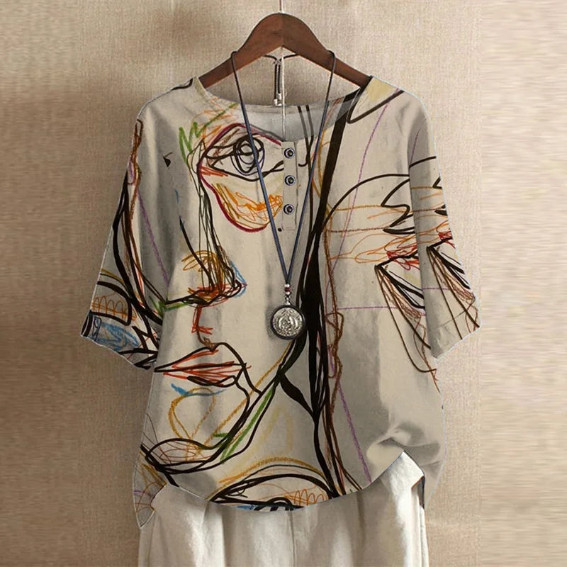 Women's Boho Floral Round Neck 3/4 Sleeve Tunic Blouse Tops
