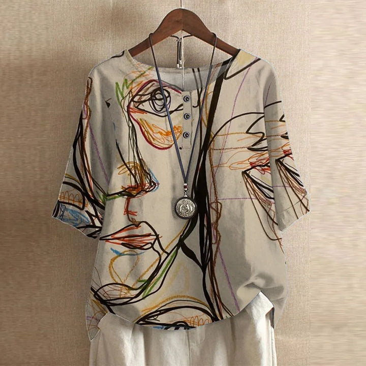 Women's Boho Floral Round Neck 3/4 Sleeve Tunic Blouse Tops