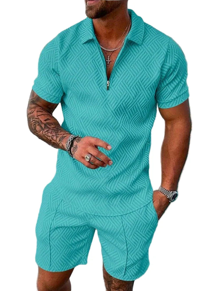 Men's Knit Quarter-Zip Polo Shirt and Shorts Two-Piece Set