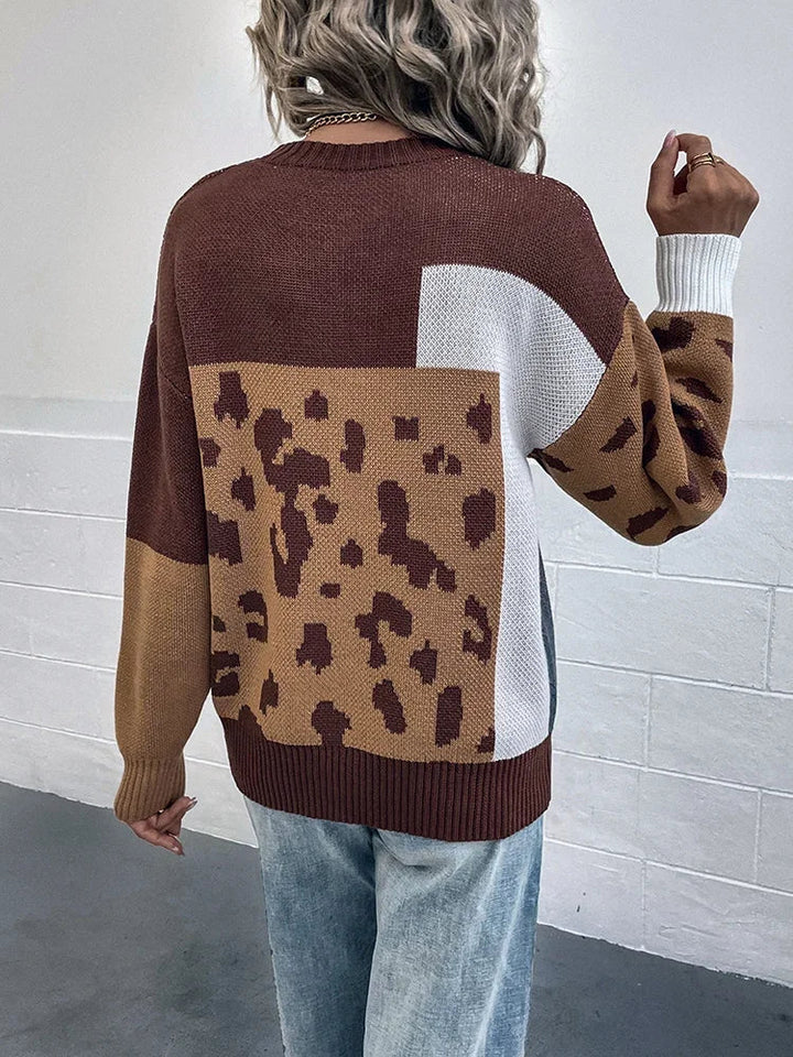 Women’s Leopard-Patchwork Crew-Neck Knit Sweater