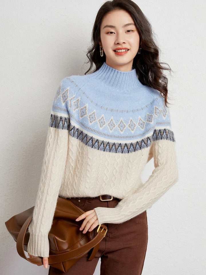 Women's Wool Knit Mock Neck Fair Isle Sweater