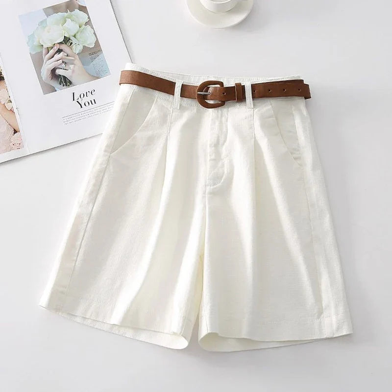 Women's Linen High Waisted Pleated Shorts