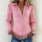 Women's Suede Fringed Long-Sleeve Button-Up Shirt