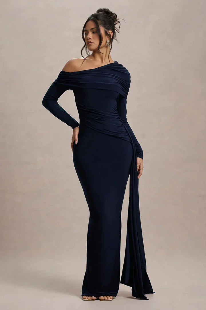 Women Knit Blend Off Shoulder Ruched Asymmetric Evening Maxi Dress