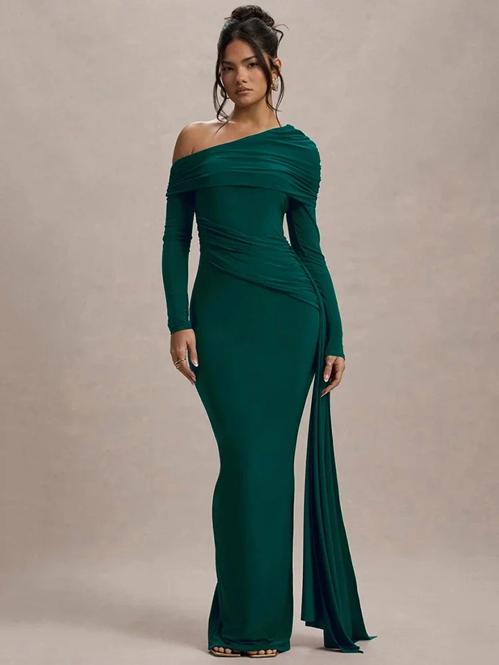 Women Knit Blend Off Shoulder Ruched Asymmetric Evening Maxi Dress
