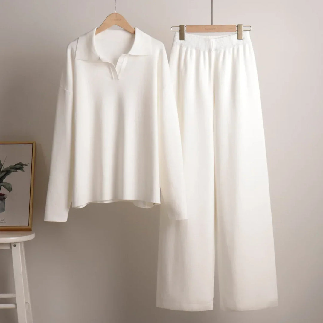 Women's Knit Collar Sweatshirt & Wide Leg Pants Two Piece Set