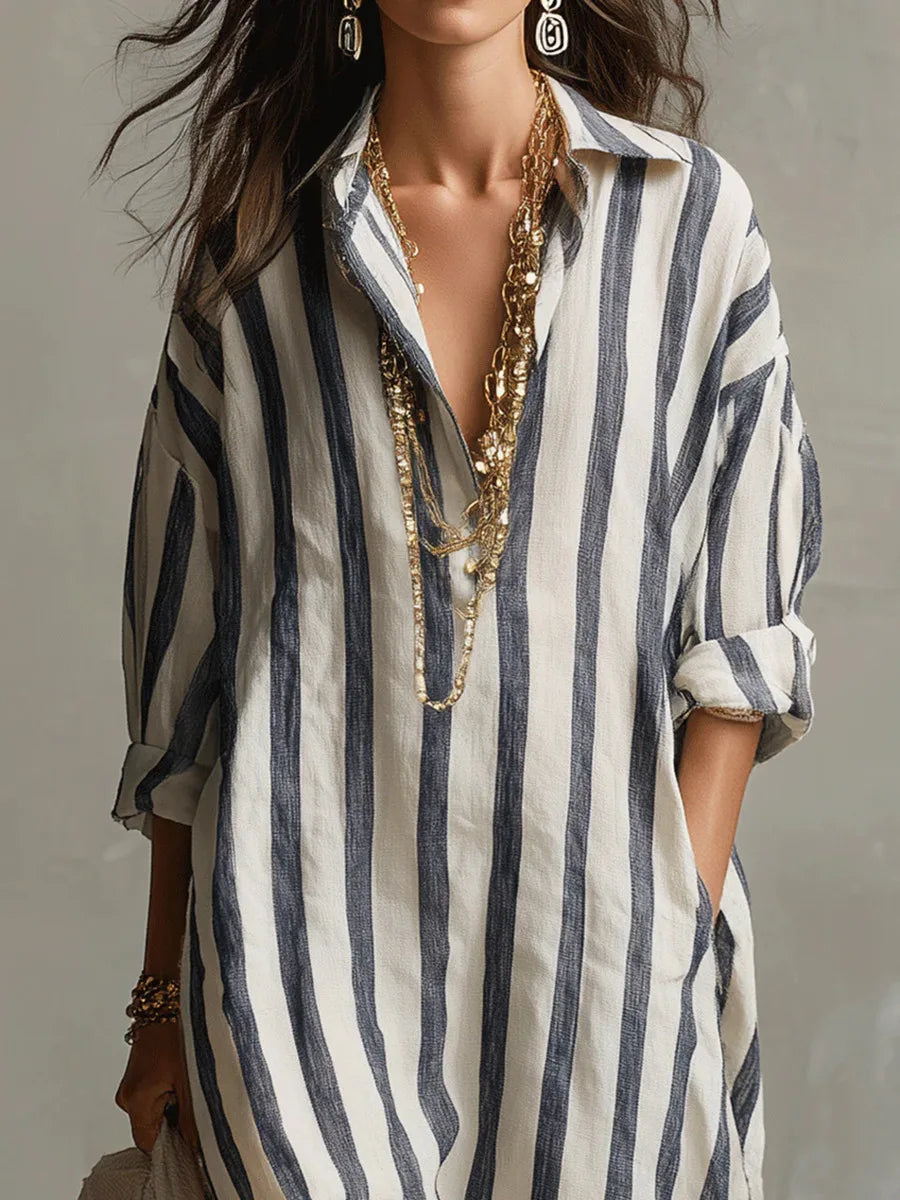 Women's Striped Linen Maxi Shirt Dress