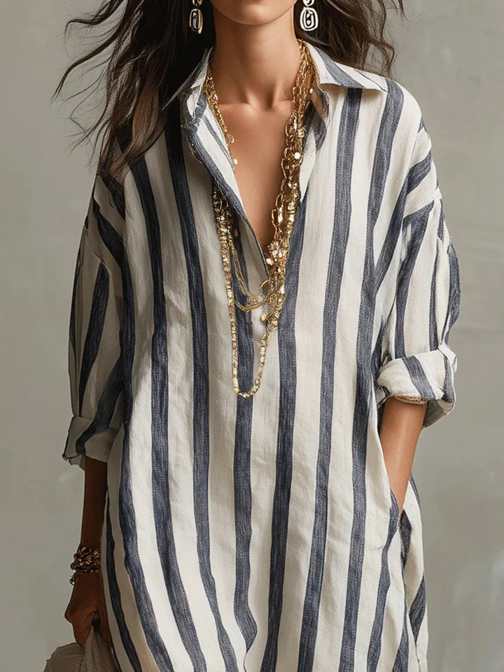 Women's Striped Linen Maxi Shirt Dress