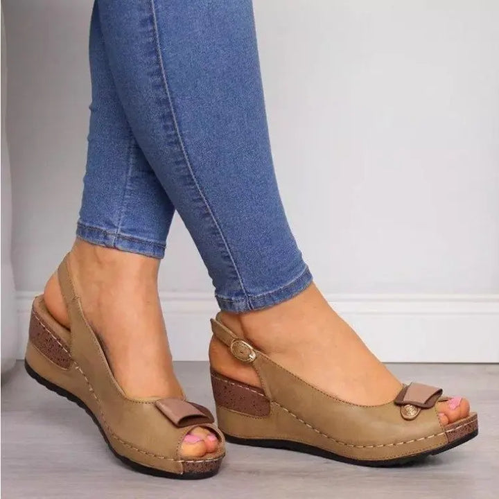 Women's Leather Peep Toe Wedge Sandals Slingback Heel Platform Shoes