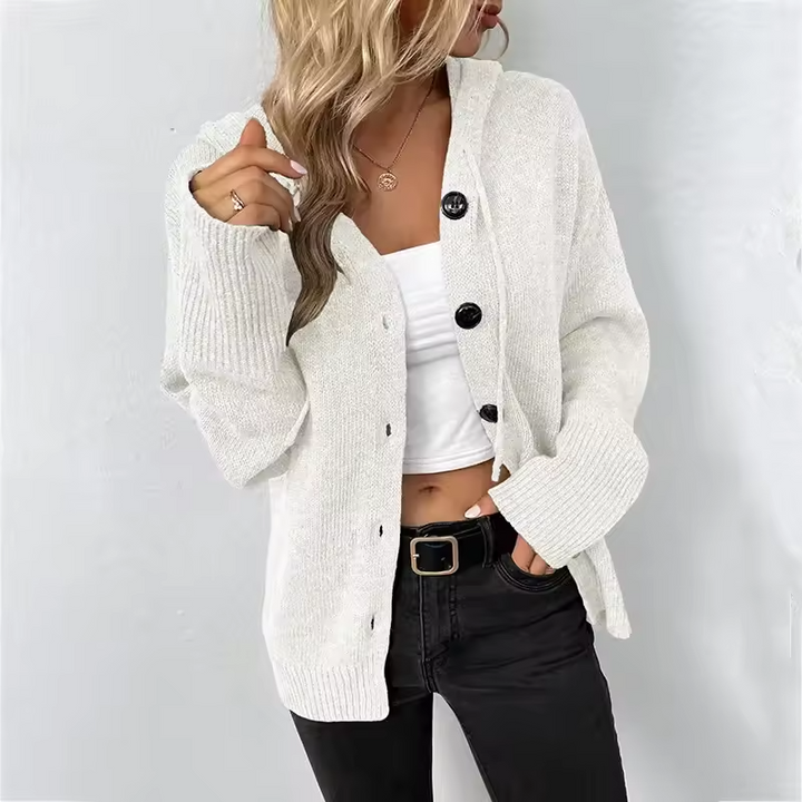Women's Knit Hooded Cardigan Loose Long Sleeve Button Down Sweater Jacket