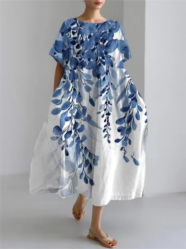 Women's Loose Linen Maxi Dress Short Sleeve Oversized Kaftan