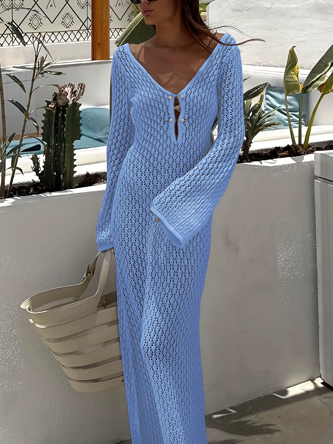 Women’s Knit Crochet Flare Sleeve Maxi Dress Beach Cover Up