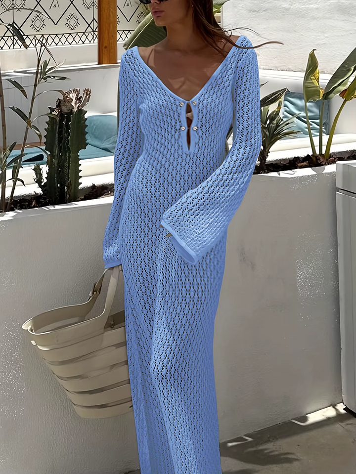 Women’s Knit Crochet Flare Sleeve Maxi Dress Beach Cover Up