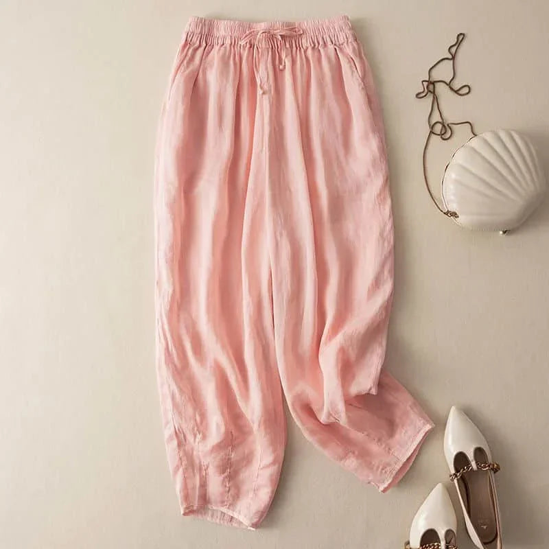 Pantalon en lin pour femme, coupe ample, jambe large, avec cordon de serrage