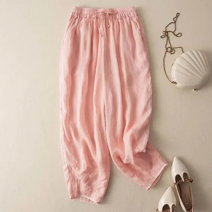 Pantalon en lin pour femme, coupe ample, jambe large, avec cordon de serrage