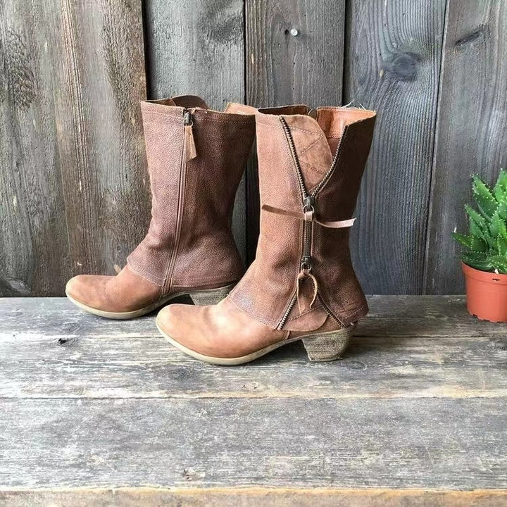 Women’s Leather Pull On Mid Heel Calf Boots