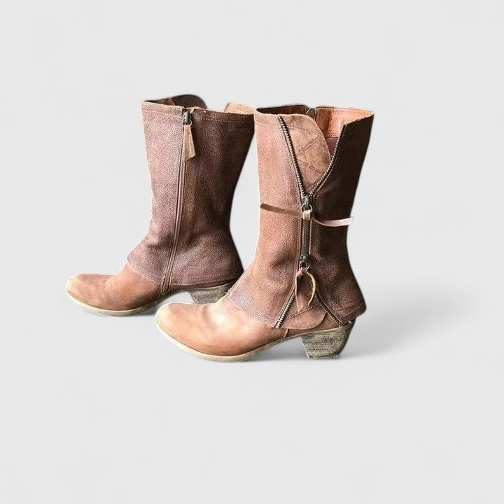 Bottes pour femmes en cuir, talon bas, fermeture éclair, bout rond, mi-mollet