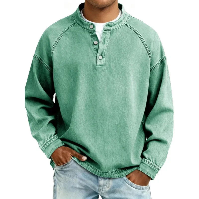 Men’s Denim Henley Collarless Long-Sleeve Shirt