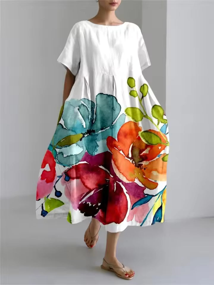 Women's Loose Linen Maxi Dress Short Sleeve Oversized Kaftan