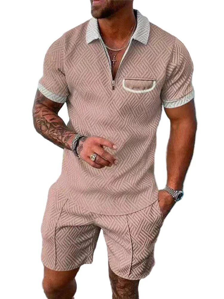 Men's Knit Quarter-Zip Polo Shirt and Shorts Two-Piece Set