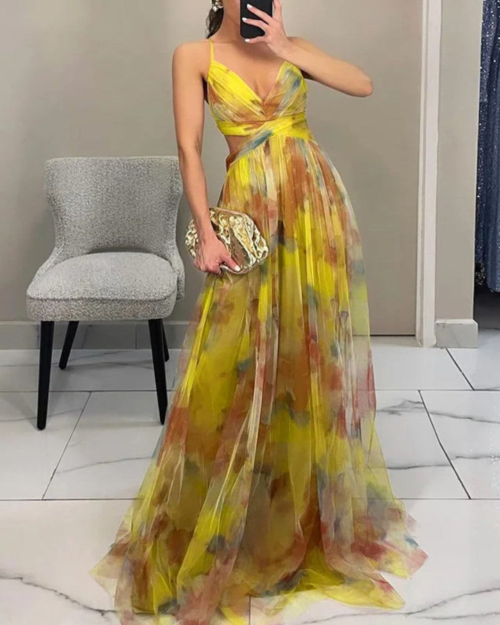 Women's Floral Print Chiffon Cutout V-Neck Backless Maxi Dress
