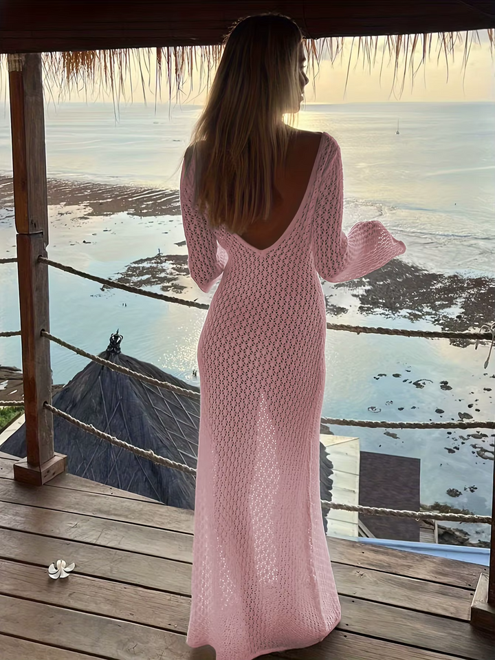 Women’s Knit Crochet Flare Sleeve Maxi Dress Beach Cover Up