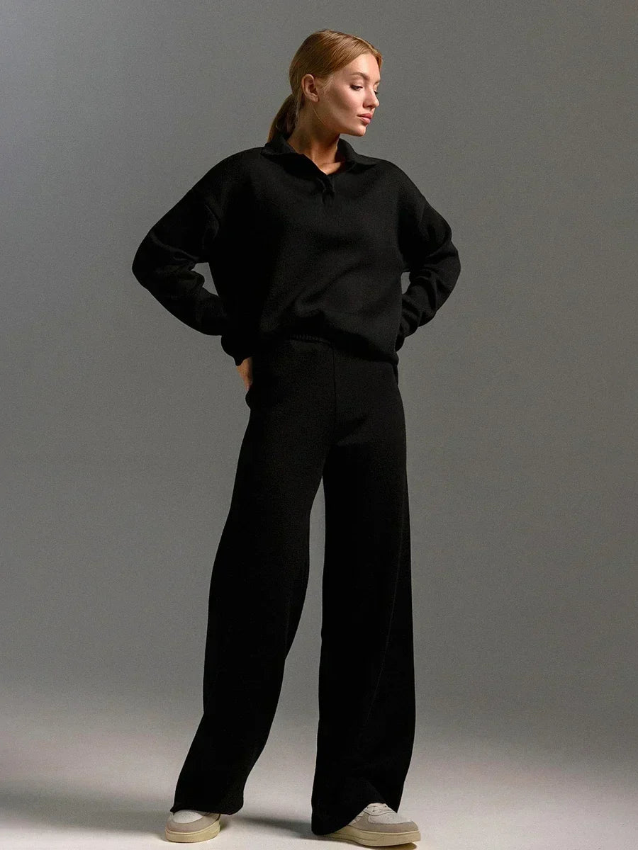 Women's Knit Collar Sweatshirt & Wide Leg Pants Two Piece Set