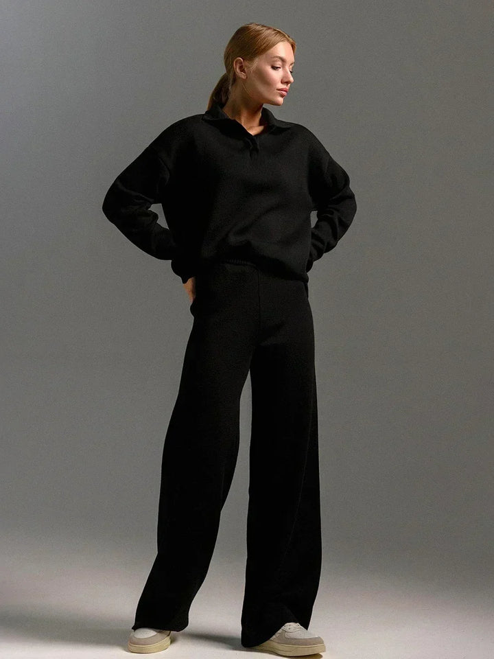 Women's Knit Collar Sweatshirt & Wide Leg Pants Two Piece Set
