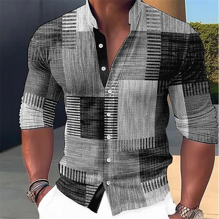 Men’s Geometric-Print Linen Mandarin Collar Shirt