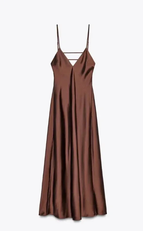 Women's Satin Cowl-Neck Strappy Maxi Dress
