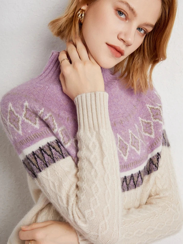 Women's Wool Knit Mock Neck Fair Isle Sweater