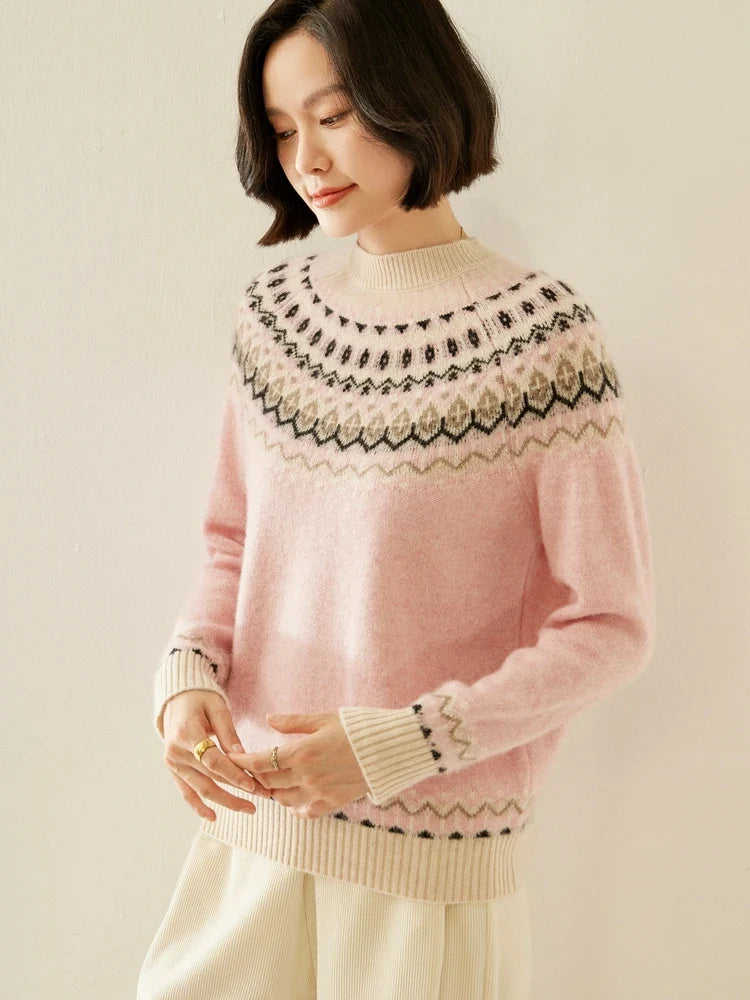 Women's Wool Knit Sweater Pullover Crewneck Fair Isle Knitwear