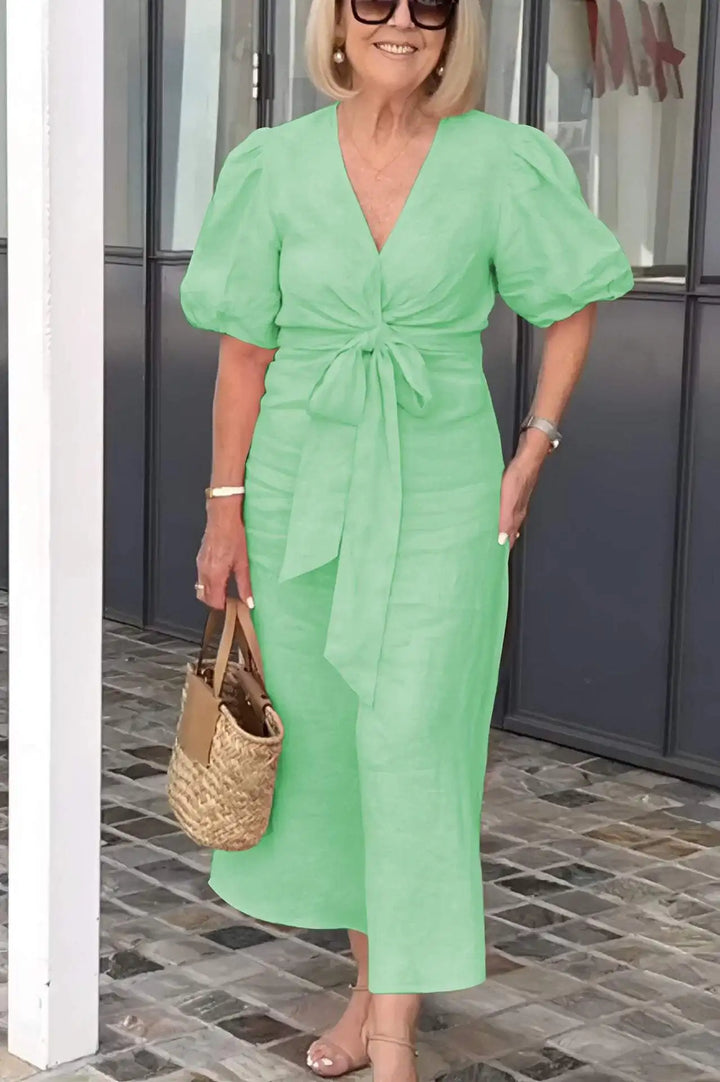 Women's Linen Wrap Midi Dress Short Puff Sleeve V Neck Tie