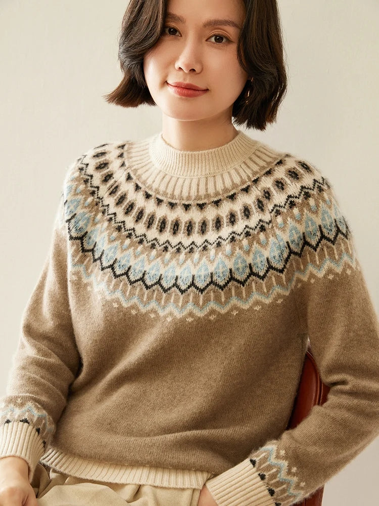 Women's Wool Knit Sweater Pullover Crewneck Fair Isle Knitwear