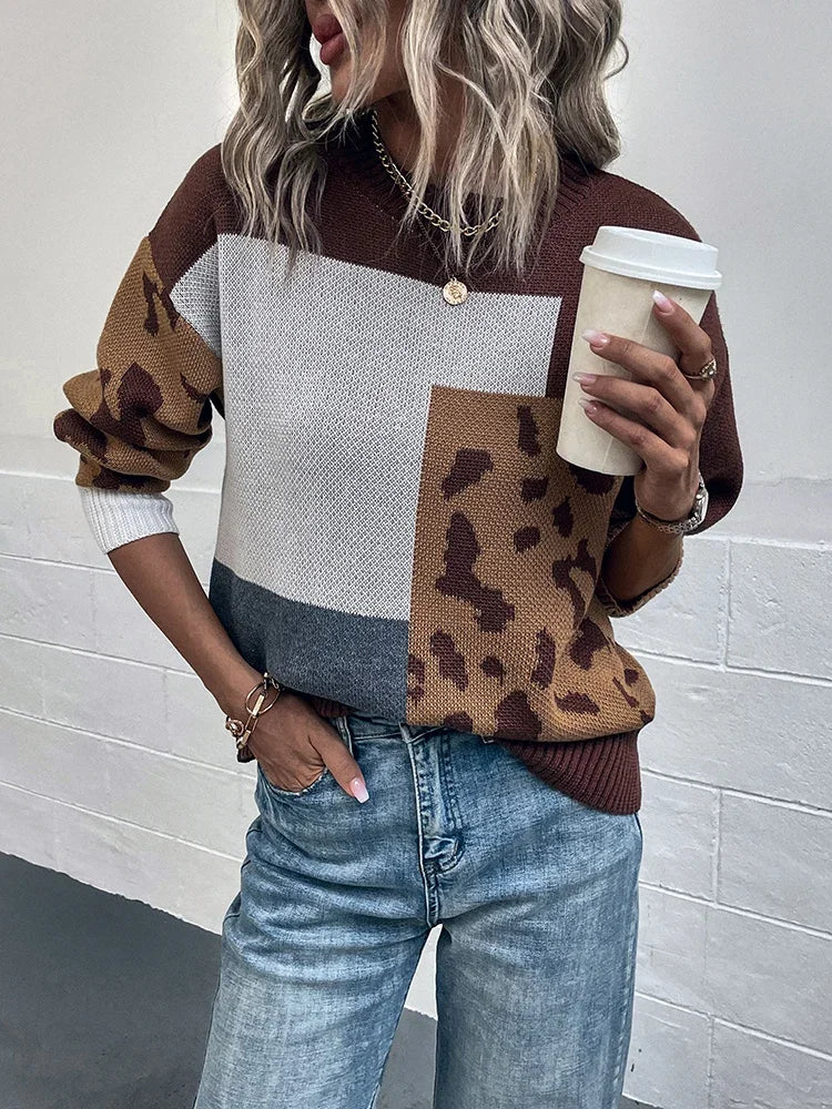 Women’s Leopard-Patchwork Crew-Neck Knit Sweater