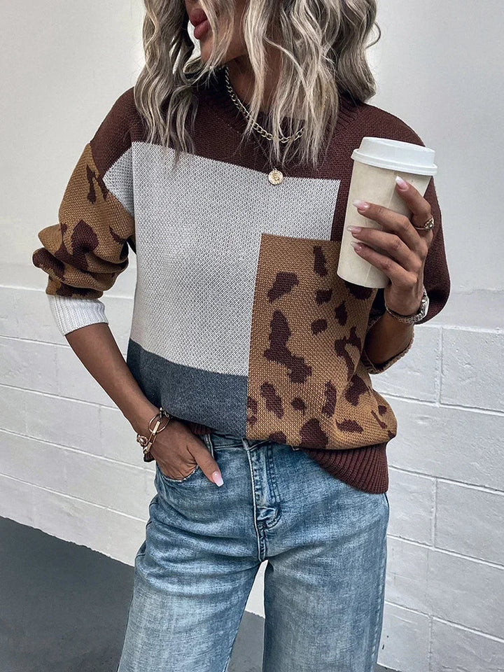 Women’s Leopard-Patchwork Crew-Neck Knit Sweater